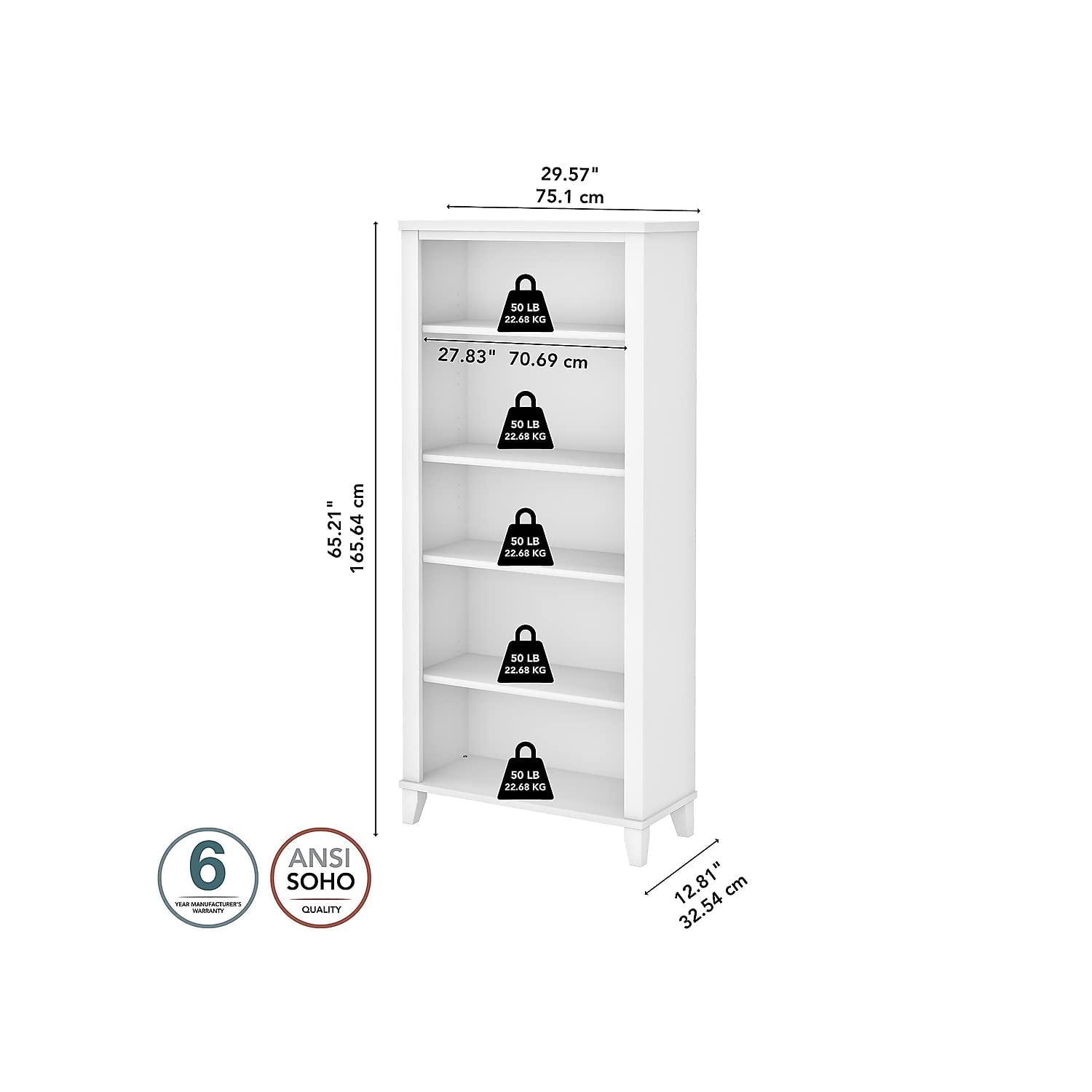 Bush WC81965 Somerset 5-Shelf 65-Inch H Bookcase, White