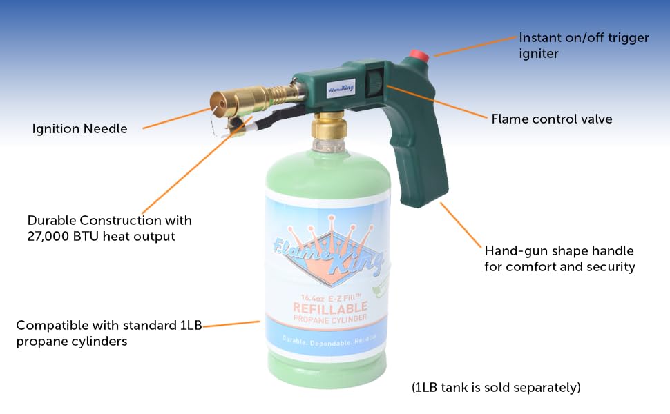 Flame King Propane & Mapp Gas Blow Torch 27,000 BTU w/Self-Igniter for Searing, Soldering and as Fire Starter