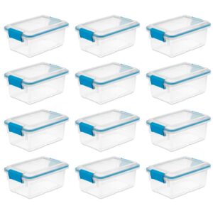 sterilite 7.5 qt gasket box, stackable storage bin with latching lid and tight seal, plastic container to organize basement, clear base, lid, 12-pack