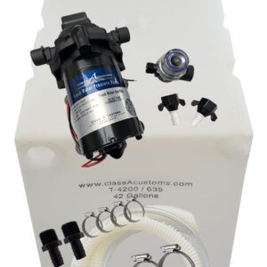 Class A Customs | 42 Gallon RV Concession Fresh Water Tank with Plumbing Kit & 12 Volt Water Pump | T-4200-BPK-PUMP