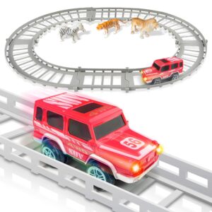 artcreativity battery operated suv playset for kids, adventure play set with 3 animal figurines, 10 tracks, and suv safari car with lights and sounds, best car gifts for boys and girls