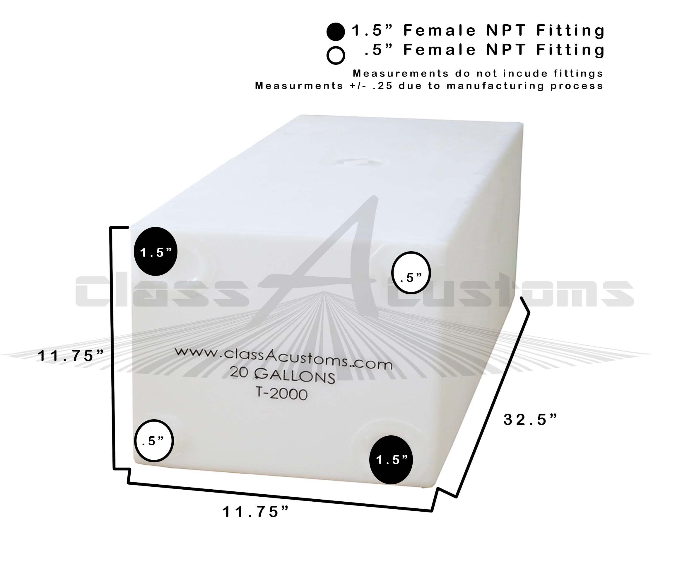 Class A Customs | 20 Gallon RV Concession Fresh Water Tank with Plumbing Kit & 12 Volt Water Pump | T-2000-BPK-PUMP