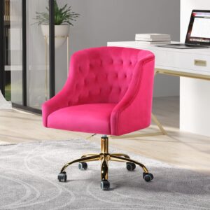 velvet home office chair with gold base, comfortable modern cute desk chair, adjustable swivel task chair for living room bedroom vanity study, fushia