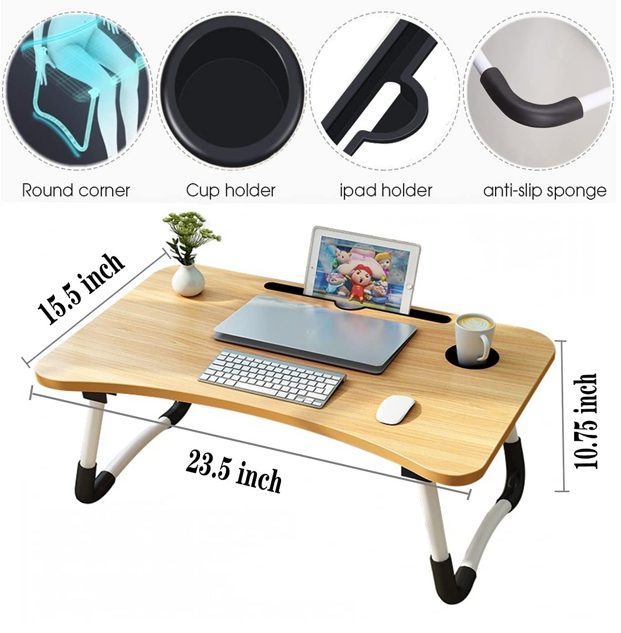 Laptop Desk Foldable Laptop Table Portable Laptop Bed Tray Table Notebook Stand Reading Holder with The Cup Slot for Eating Breakfast,Reading,Watching Movie on Bed/Couch (Burlywood)