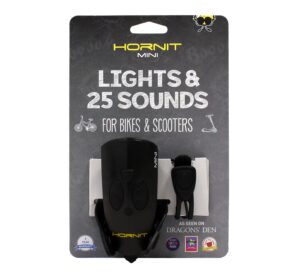 hornit mini, bike & scooter horn and safety light for children and kids, 25 sound effects, 6 light modes: white safety light and funky green light, black/black