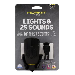 Hornit Mini, Bike & Scooter Horn and Safety Light for Children and Kids, 25 Sound Effects, 6 Light Modes: White Safety Light and Funky Green Light, Black/Black