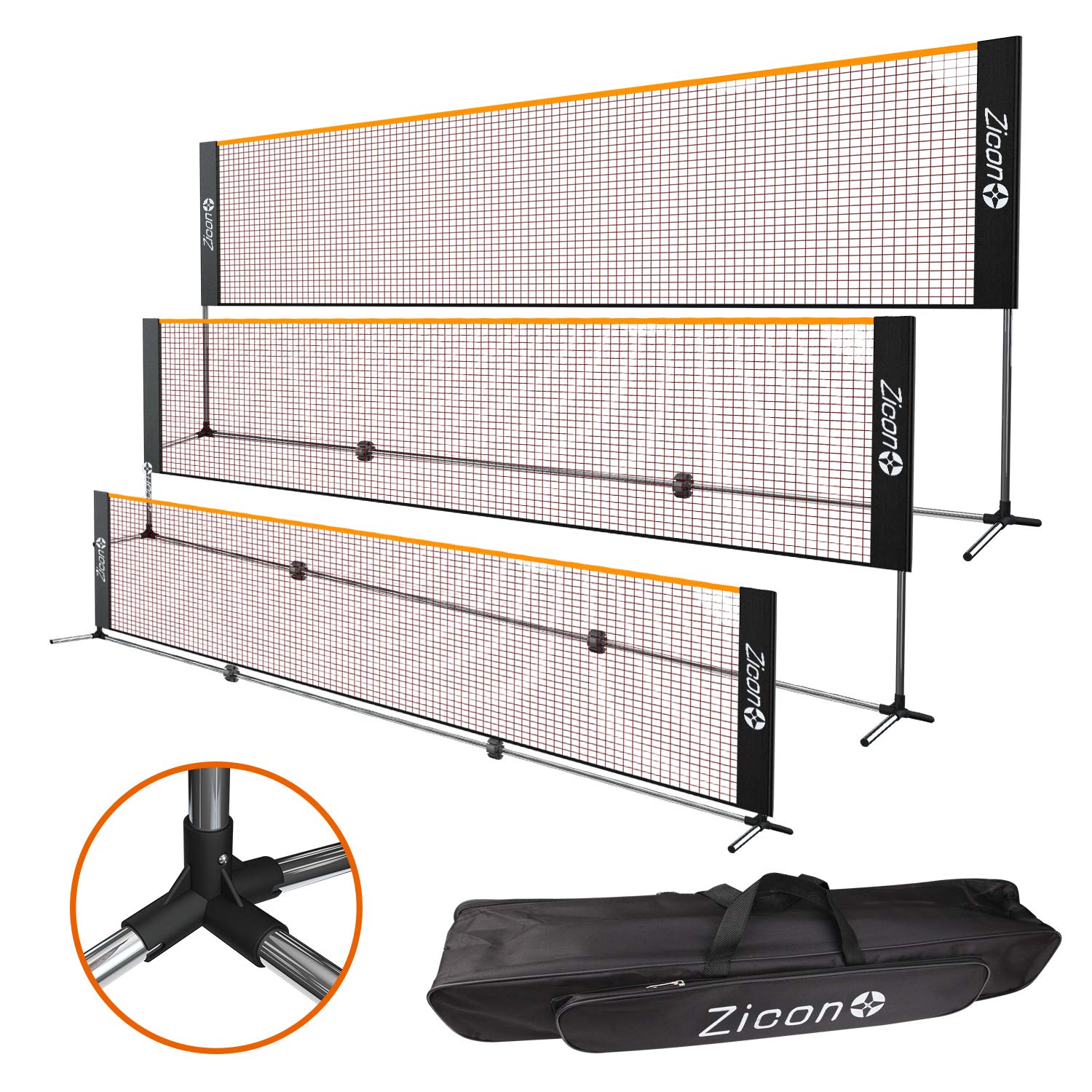 Zicon Portable Tennis Net,Stainless Steel Poles Badminton Net Set Adjustable Height Nylon Net with Carry Bag, for Kids Volleyball, Pickleball,Soccer, Indoor, Outdoor Court, Backyard, Beach, Driveway