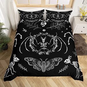 moth animal theme duvet cover queen size,gothic skull boho comforter cover with 2 pillowcase for adults,black and white skeleton decorative soft bedding set