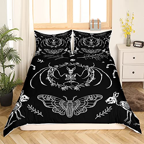 Moth Animal Theme Duvet Cover Queen Size,Gothic Skull Boho Comforter Cover with 2 Pillowcase for Adults,Black and White Skeleton Decorative Soft Bedding Set