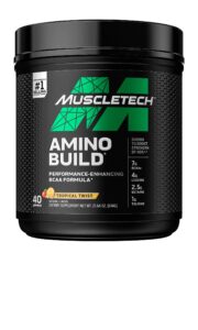 bcaa amino acids + electrolyte powder, muscletech amino build, 7g of bcaas + electrolytes, support muscle recovery, build lean muscle & boost endurance, tropical twist (40 servings)