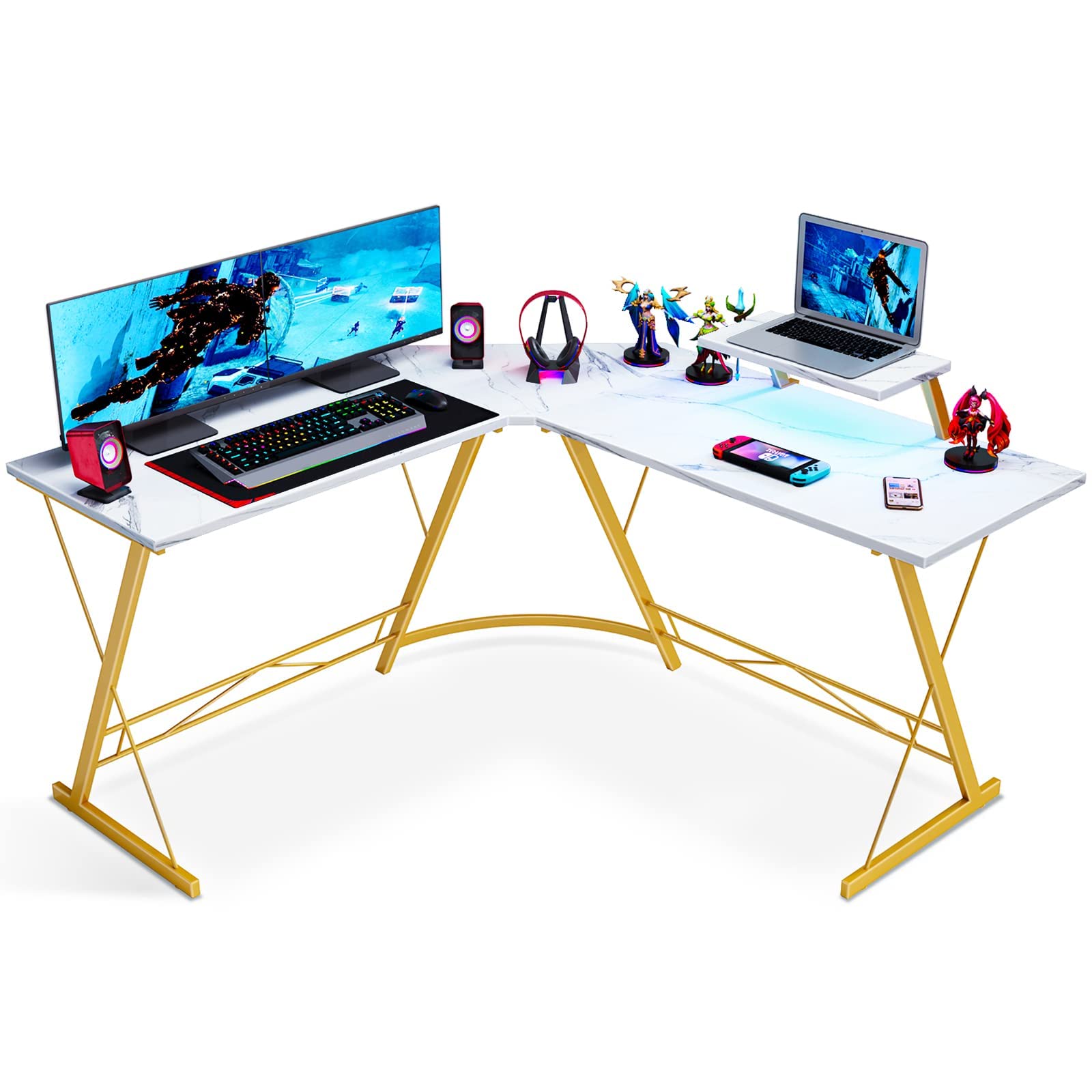 Coleshome L Shaped Desk, 51" Home Office Corner Desk with Shelf, Gaming Computer Desk with Monitor Stand, PC Table Workstation with Shelf