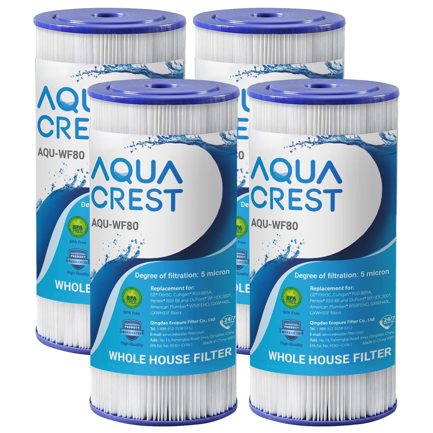 AQUACREST FXHSC Whole House Water Filter, Replacement for GE® FXHSC, GXWH40L, GXWH35F, American Plumber W50PEHD, W10-PR, Culligan® R50-BBSA, 5 Micron, 10" x 4.5", High Flow Sediment Filters, Pack of 4