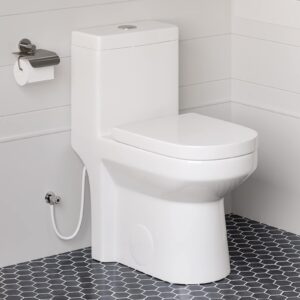 horow ht1000 dual flush one piece toilet, modern small toilet with soft closing seat, quick release & 12'' rough-in, compact & round for small bathroom, standard white finish toilet bowl