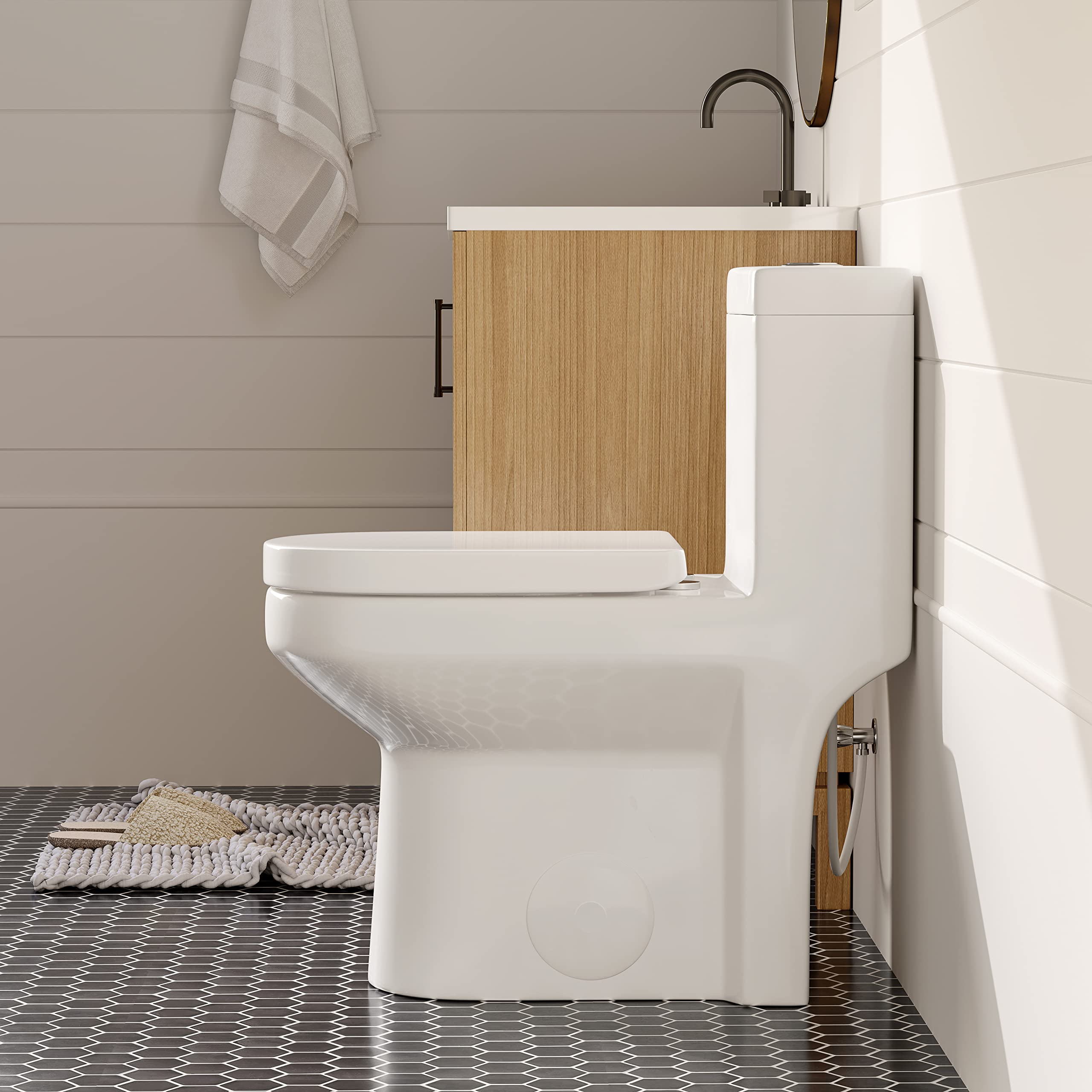 HOROW HT1000 Dual Flush One Piece Toilet, Modern Small Toilet with Soft Closing Seat, Quick Release & 12'' Rough-in, Compact & Round for Small Bathroom, Standard White Finish Toilet Bowl