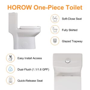 HOROW HT1000 Dual Flush One Piece Toilet, Modern Small Toilet with Soft Closing Seat, Quick Release & 12'' Rough-in, Compact & Round for Small Bathroom, Standard White Finish Toilet Bowl