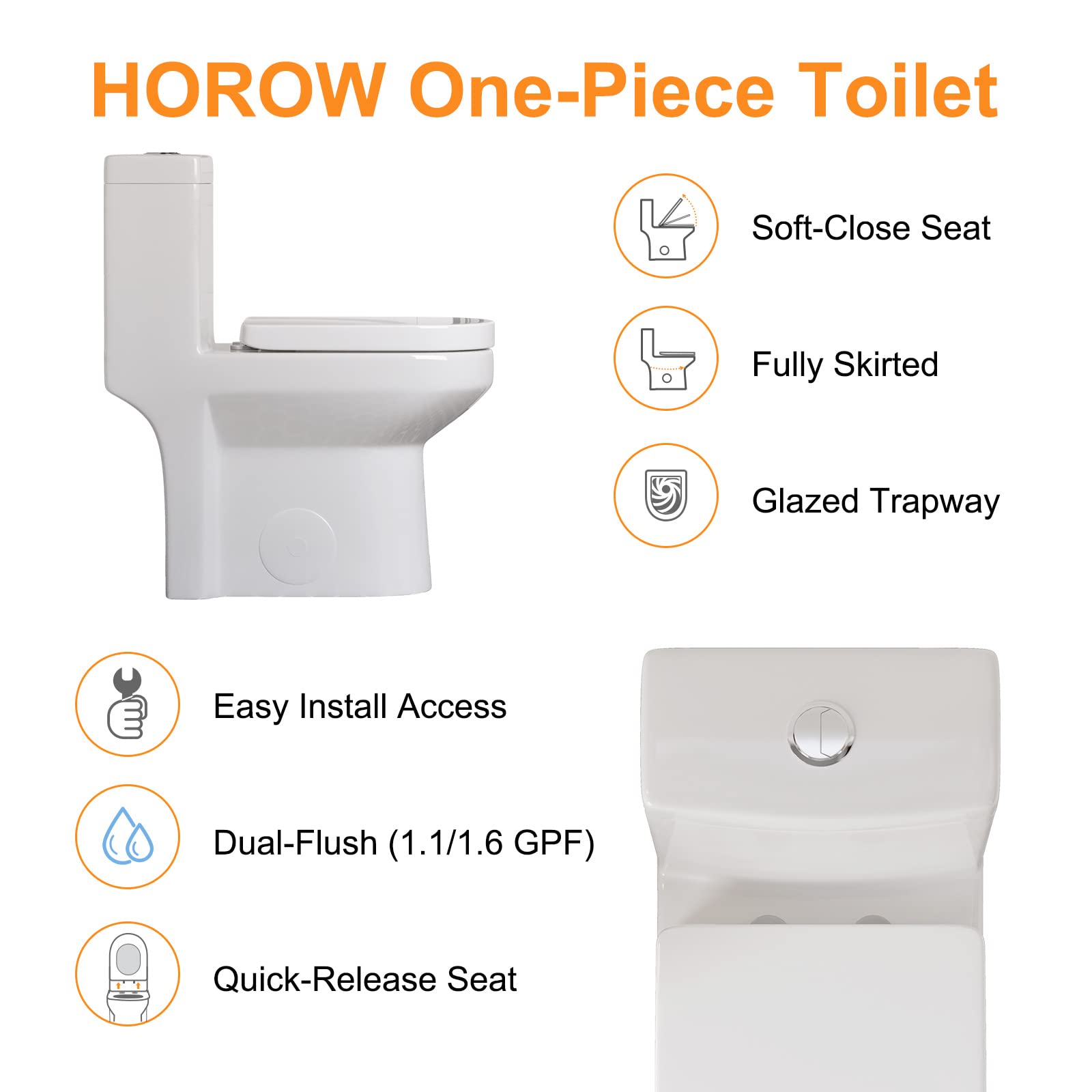 HOROW HT1000 Dual Flush One Piece Toilet, Modern Small Toilet with Soft Closing Seat, Quick Release & 12'' Rough-in, Compact & Round for Small Bathroom, Standard White Finish Toilet Bowl