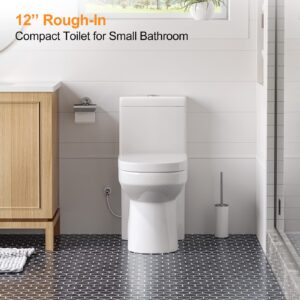 HOROW HT1000 Dual Flush One Piece Toilet, Modern Small Toilet with Soft Closing Seat, Quick Release & 12'' Rough-in, Compact & Round for Small Bathroom, Standard White Finish Toilet Bowl