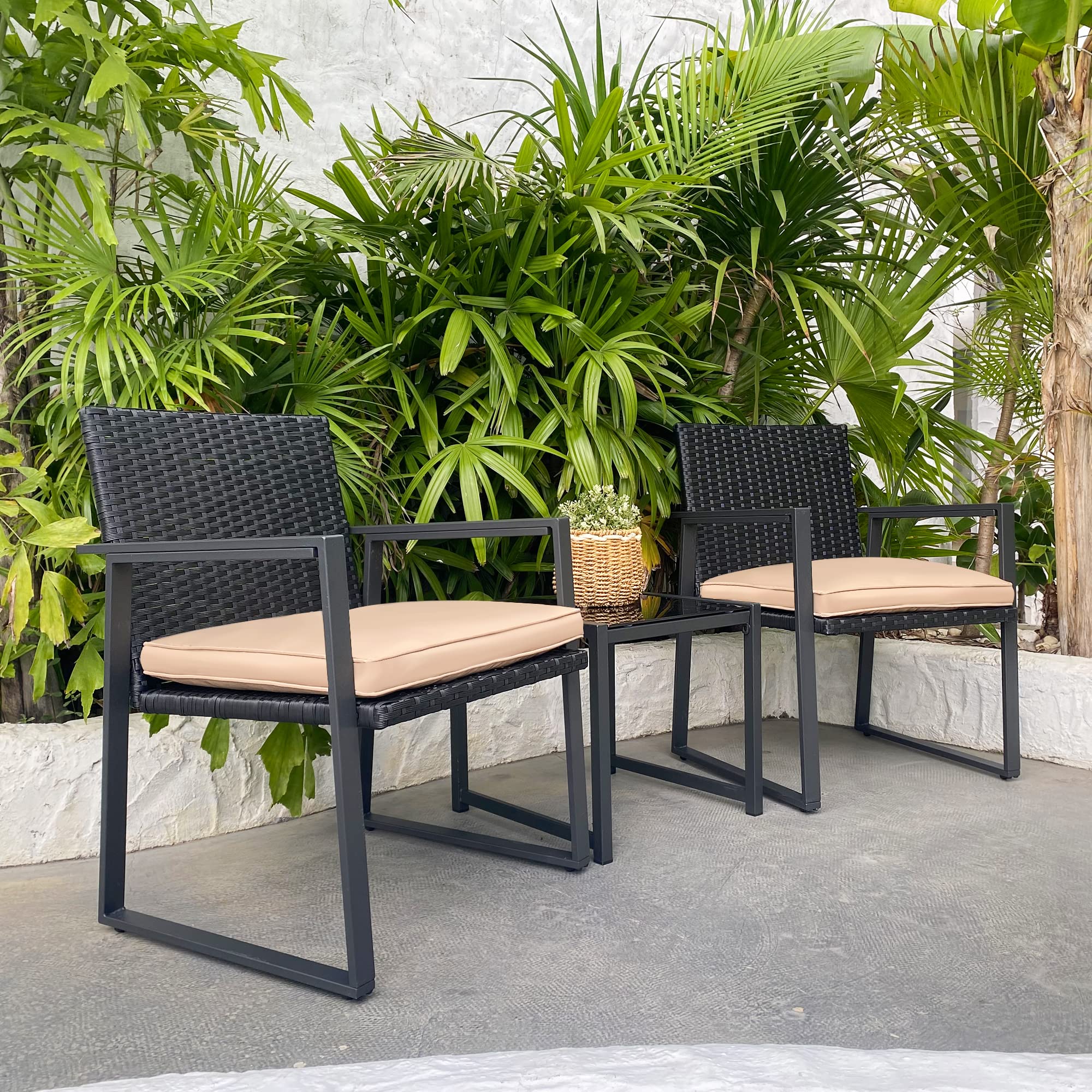 SUNLEI Outdoor 3-Piece Bistro Set Black Wicker Furniture-Two Chairs with Glass Coffee Table(Khaki)