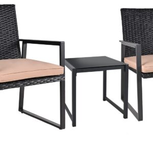 SUNLEI Outdoor 3-Piece Bistro Set Black Wicker Furniture-Two Chairs with Glass Coffee Table(Khaki)