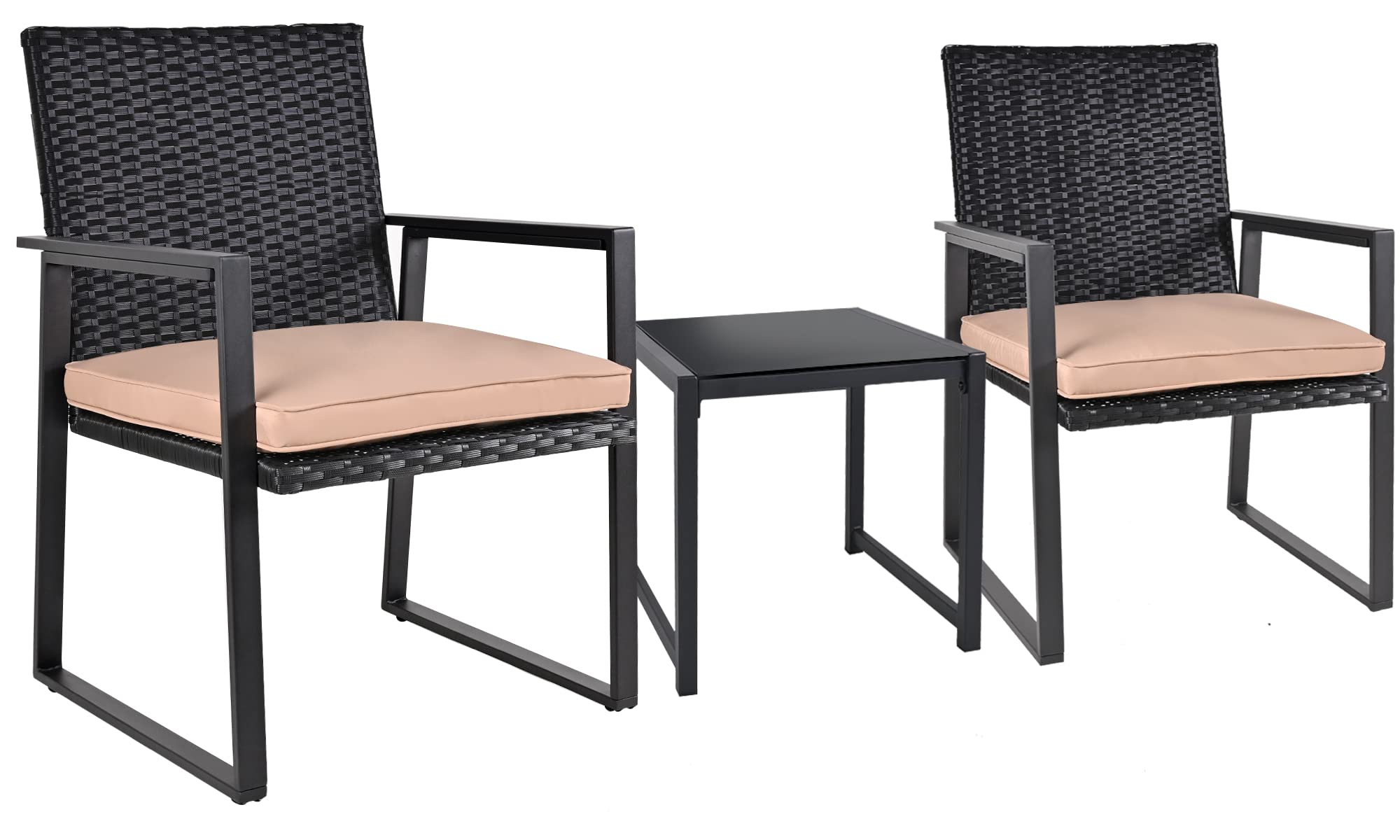 SUNLEI Outdoor 3-Piece Bistro Set Black Wicker Furniture-Two Chairs with Glass Coffee Table(Khaki)