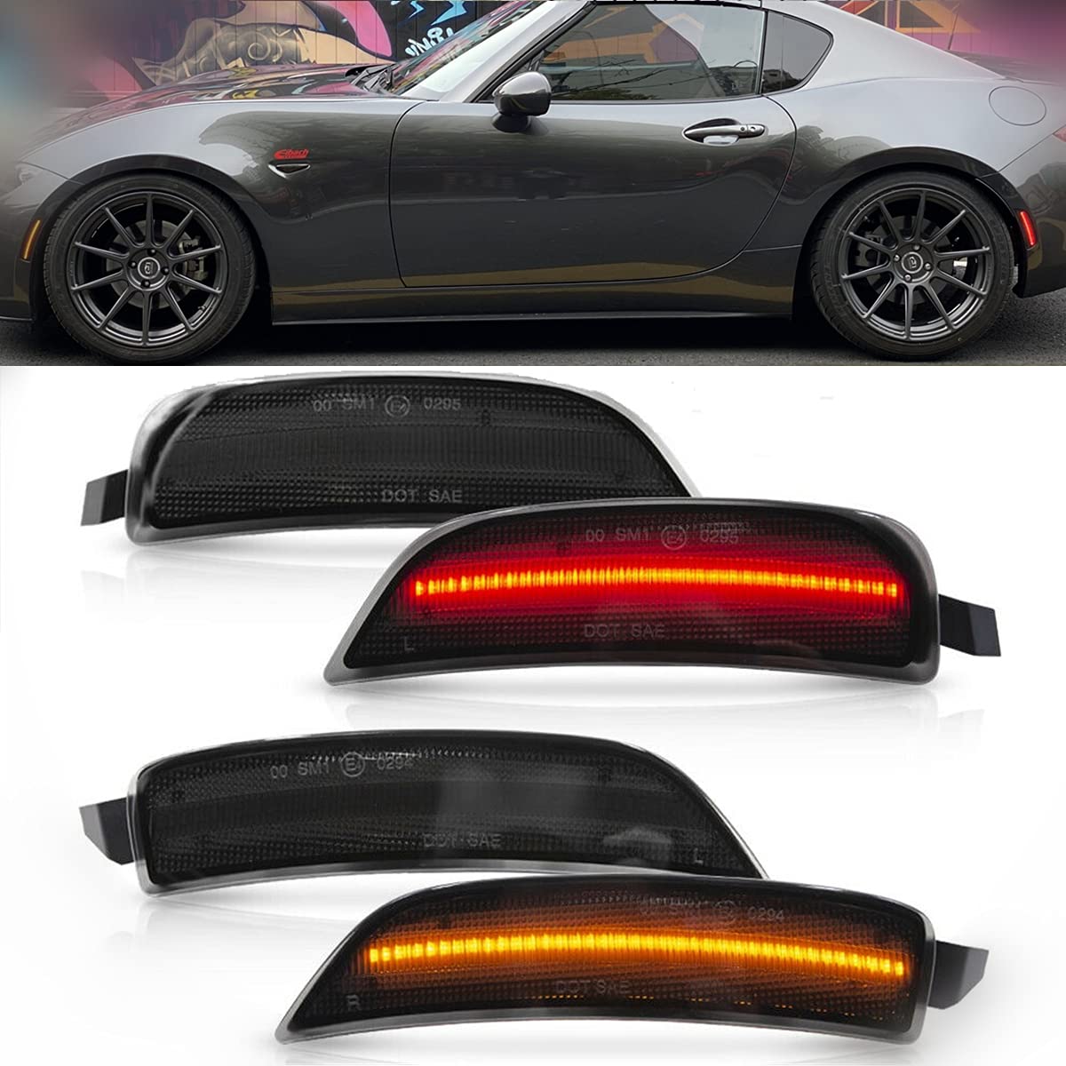 NSLUMO LED Side Marker Lights for 2016-up Mazda MX-5 Miata ND Smoked Lens Amber Front & Rear Red Marker Lights Replace OEM Sidemarker Lamps