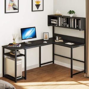 yitahome l-shape modern computer desk with hutch storage bookshelf, 2-tier storage shelves, 69 inches corner writing gaming table workstation for home office, classic black (ftofod-0010)