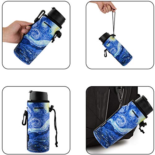 CM Pack of 2 Water Bottle Neoprene Sleeve Portable Insulator Bottle Cover Drawstring Insulator Bottle Holder for 18 to 20 Oz Water Bottle (Marble & Van Gogh Painting Patterns (2 pcs))