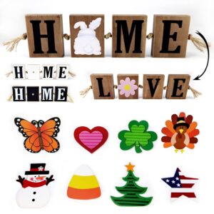 winder rustic home sign & love sign with 10-pc interchangeable holiday 2-side cutout decorative letters seasonal wooden freestanding decorations for spring easter 4th of july home decor (natural)