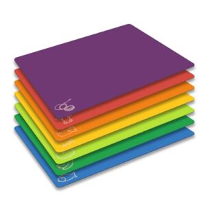 fotouzy plastic cutting board set of 7, colorful flexible cutting mats with food icons, bpa-free, non-porous, upgrade 100% non-slip and dishwasher safe, raibow colors