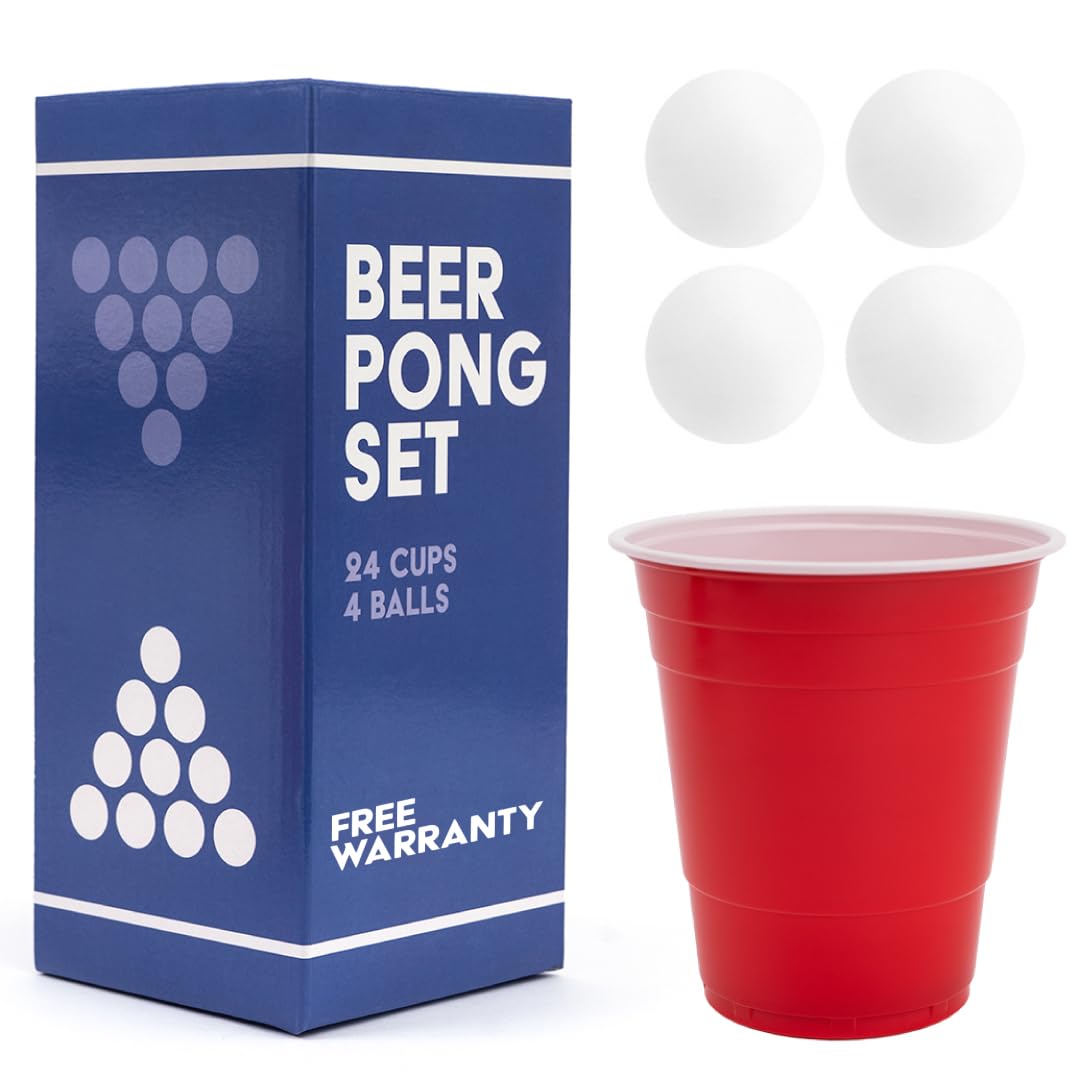 BayView Beer Pong Set Complete | 24 Cups & 4 Balls | America's #1 Drinking Game, Reusable