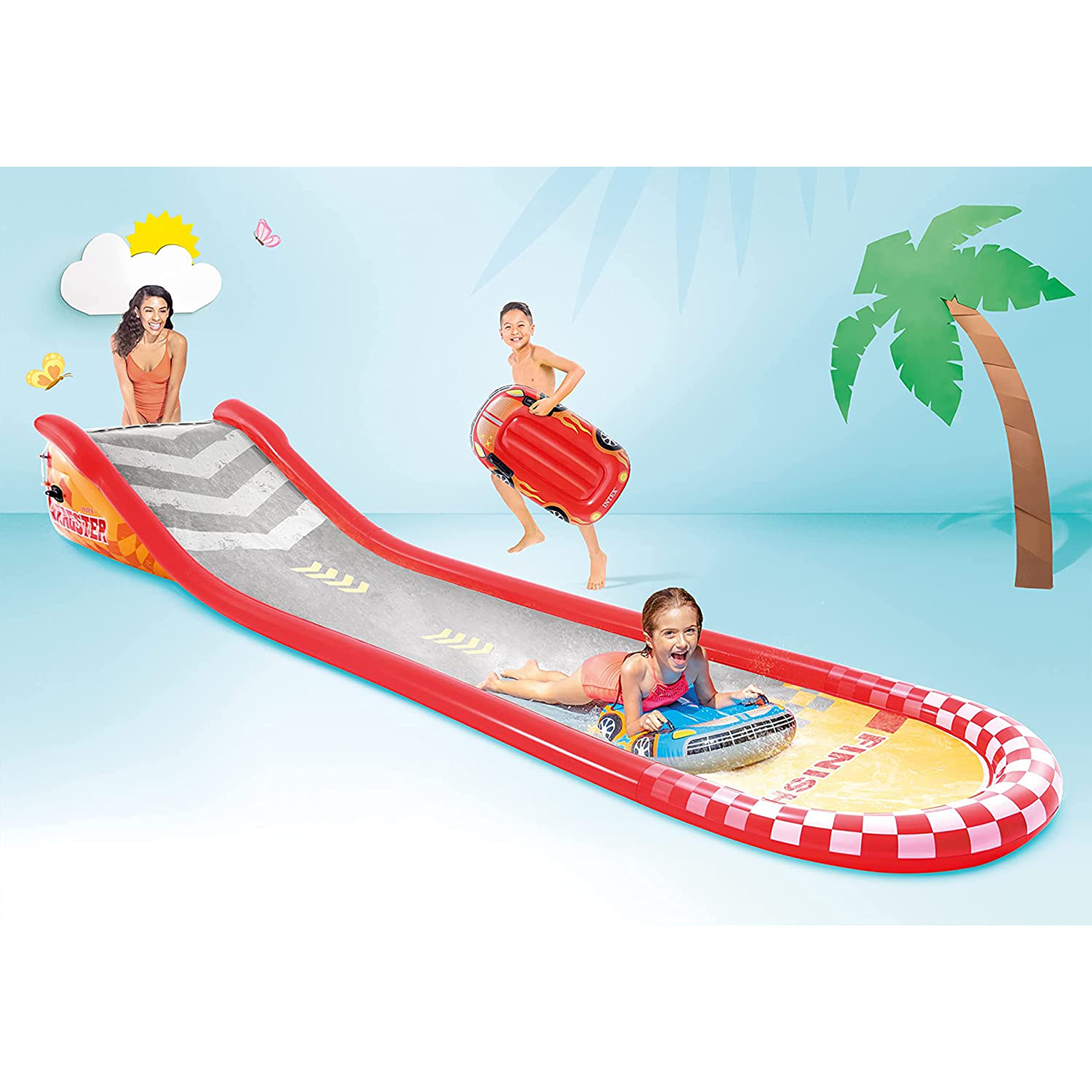 Intex 57167EP 18.5 Foot Long Inflatable Racing Fun Water Slide Track with 2 Surf Car Riders and Built-in Sprayer for Ages 6 and Up