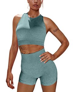 oys workout sets for women 2 piece outfits seamless high waisted yoga shorts running sports bra clothes green