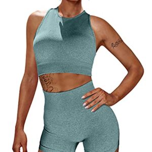 OYS Workout Sets for Women 2 Piece Outfits Seamless High Waisted Yoga Shorts Running Sports Bra Clothes Green