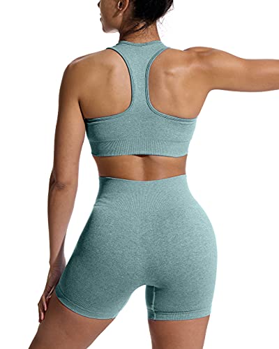 OYS Workout Sets for Women 2 Piece Outfits Seamless High Waisted Yoga Shorts Running Sports Bra Clothes Green