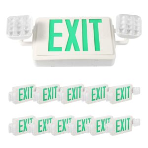 spectsun 12 pack green led exit sign with emergency lights & battery backup operated powered emergency exit lights-double face -ul listed 120277vac fire exit signs lighting for room.window.
