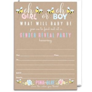 Gender Reveal Invitations with Envelopes, Bee Baby Shower Invites Customize Party Details DIY 5x7 Card Set, 25 Pack