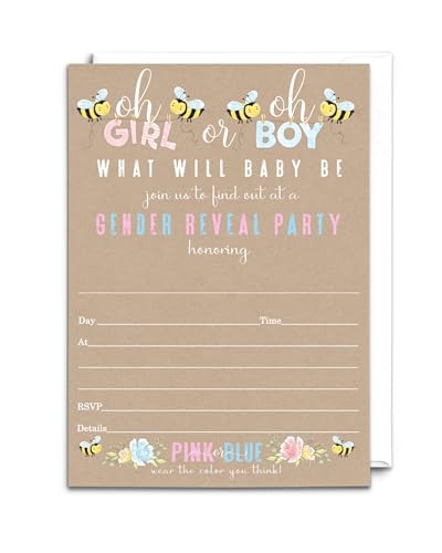 Gender Reveal Invitations with Envelopes, Bee Baby Shower Invites Customize Party Details DIY 5x7 Card Set, 25 Pack