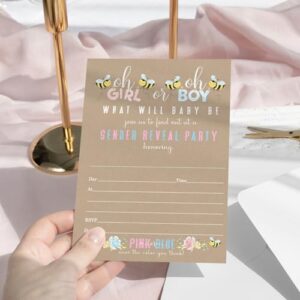 Gender Reveal Invitations with Envelopes, Bee Baby Shower Invites Customize Party Details DIY 5x7 Card Set, 25 Pack