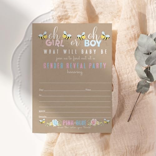 Gender Reveal Invitations with Envelopes, Bee Baby Shower Invites Customize Party Details DIY 5x7 Card Set, 25 Pack