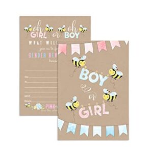 Gender Reveal Invitations with Envelopes, Bee Baby Shower Invites Customize Party Details DIY 5x7 Card Set, 25 Pack