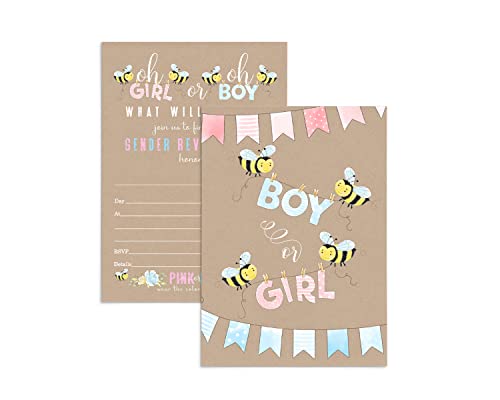 Gender Reveal Invitations with Envelopes, Bee Baby Shower Invites Customize Party Details DIY 5x7 Card Set, 25 Pack