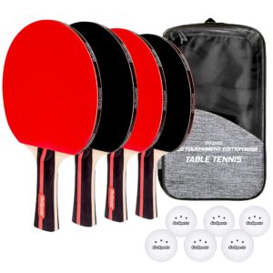 gosports tournament edition table tennis paddles set of 4 premium wooden paddles with rubber grip - includes 4 paddles and 6 pro grade table tennis balls with carrying case