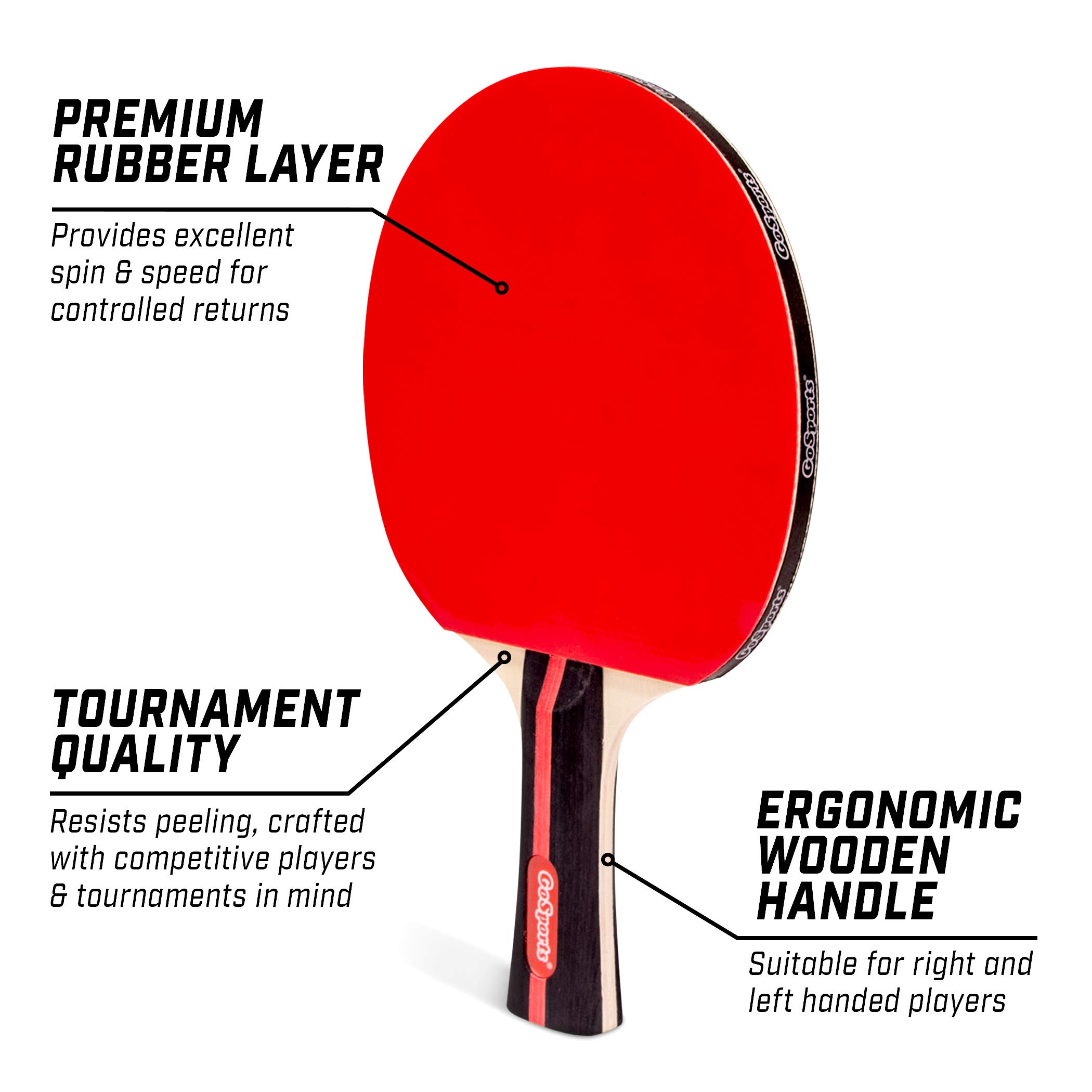 GoSports Tournament Edition Table Tennis Paddles Set of 4 Premium Wooden Paddles with Rubber Grip - Includes 4 Paddles and 6 Pro Grade Table Tennis Balls with Carrying Case