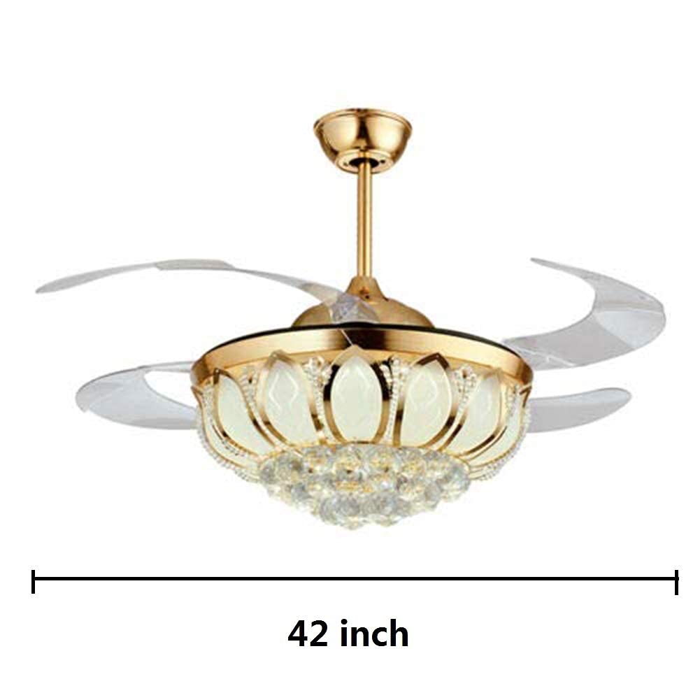 N/B 42 Inch Modern Gold Crystal Chandelier Fan with Retractable Blades Ceiling Fan with Light LED and Remote Control Indoor Fan Suitable for Dining Room Bedroom