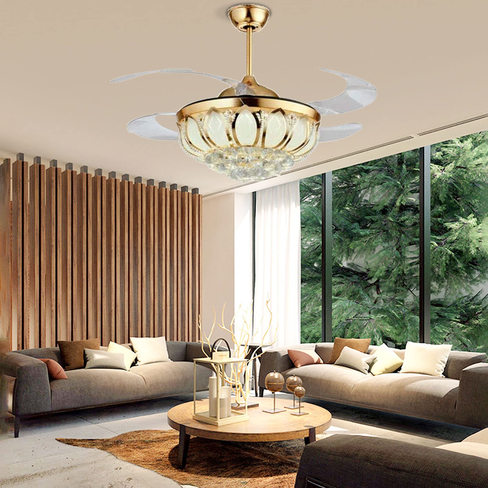 N/B 42 Inch Modern Gold Crystal Chandelier Fan with Retractable Blades Ceiling Fan with Light LED and Remote Control Indoor Fan Suitable for Dining Room Bedroom