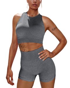 oys workout sets for women 2 piece outfits seamless high waisted yoga shorts running sports bra clothes grey
