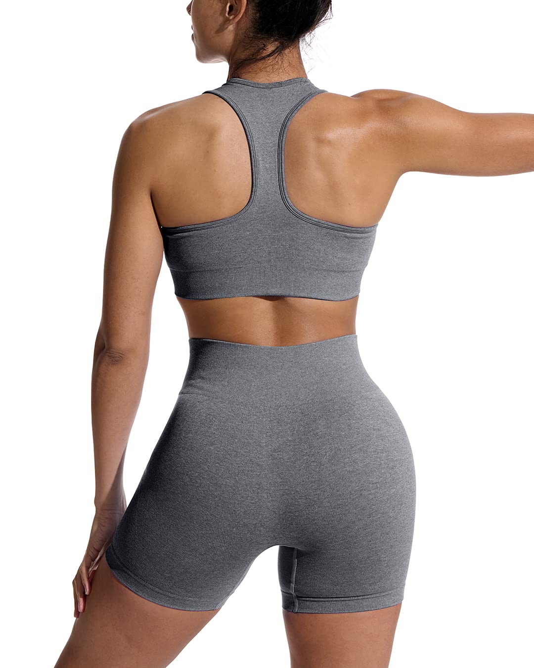 OYS Workout Sets for Women 2 Piece Outfits Seamless High Waisted Yoga Shorts Running Sports Bra Clothes Grey