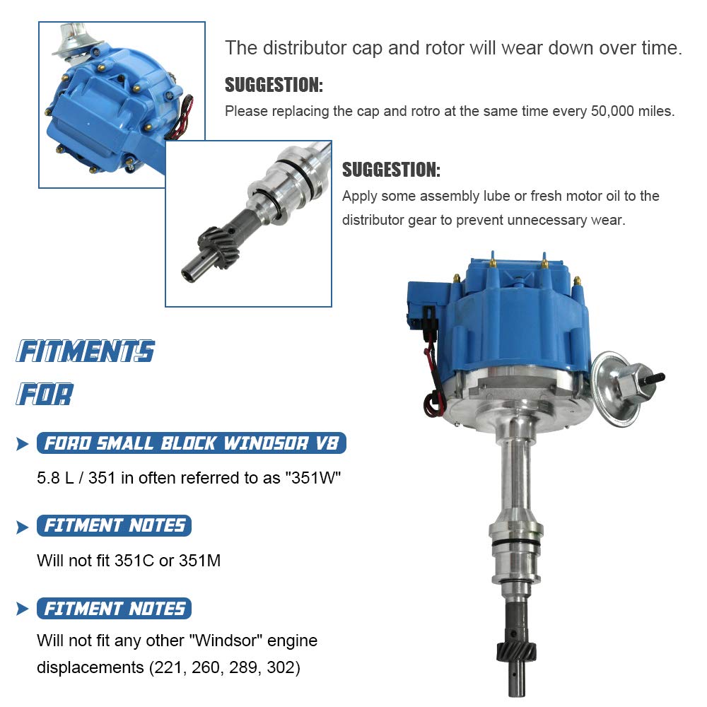 HEI Ignition Distributor for Small Block Ford 351W Windsor 5.8L 8 Cylinder New Distributor 65K Coil with Blue Cap