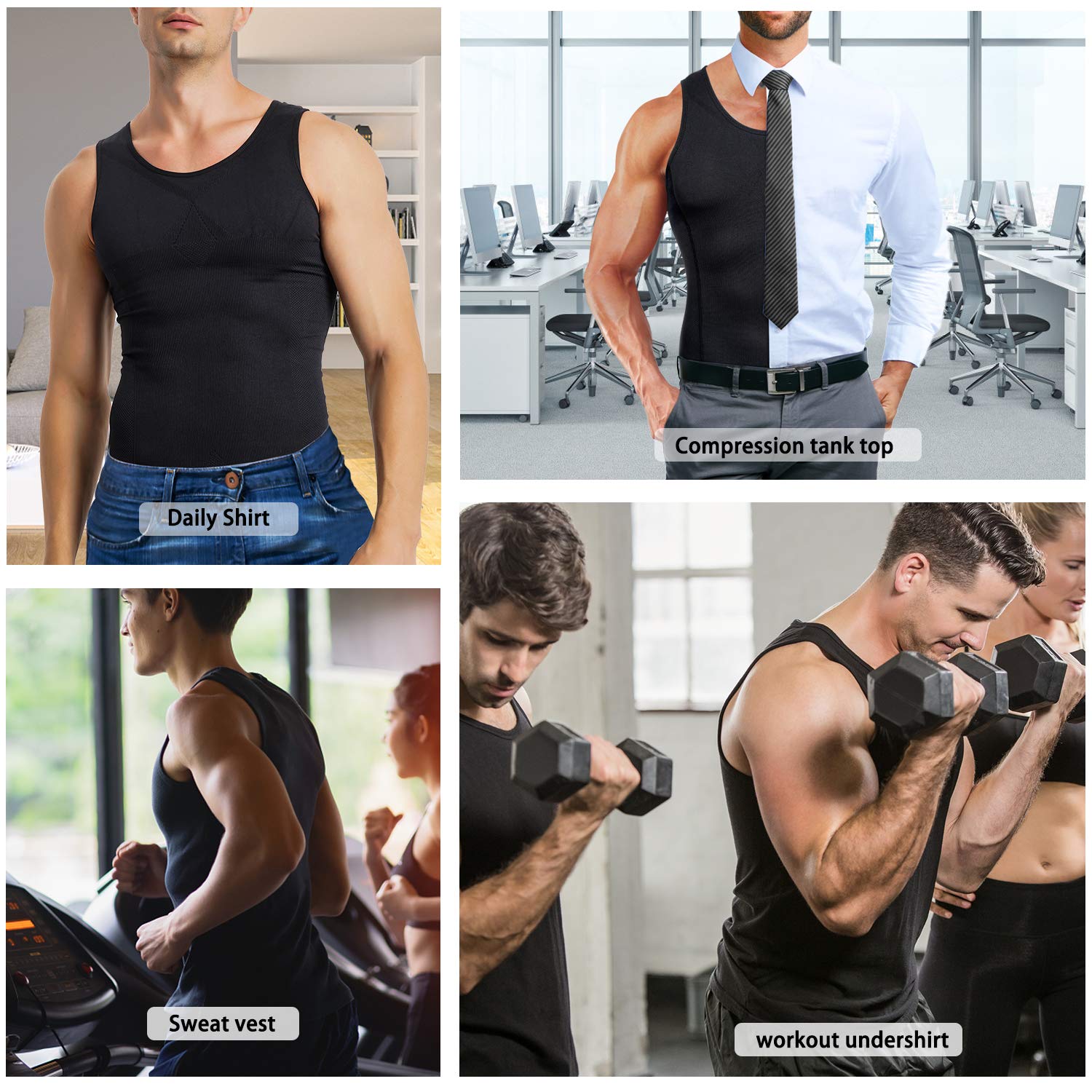 MOLUTAN Mens Compression Shirt Slimming Body Shaper Vest Sleeveless Waist Traner Workout Tank Top Tummy Control Shapewear (Black, tank, X-Large-XX-Large)