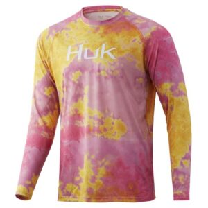 huk men's pattern pursuit long sleeve performance fishing shirt, pink lady, medium